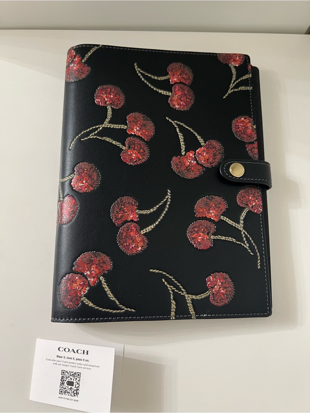 Coach New Authentic Black Leather Cherry-Print Notebook, Agenda